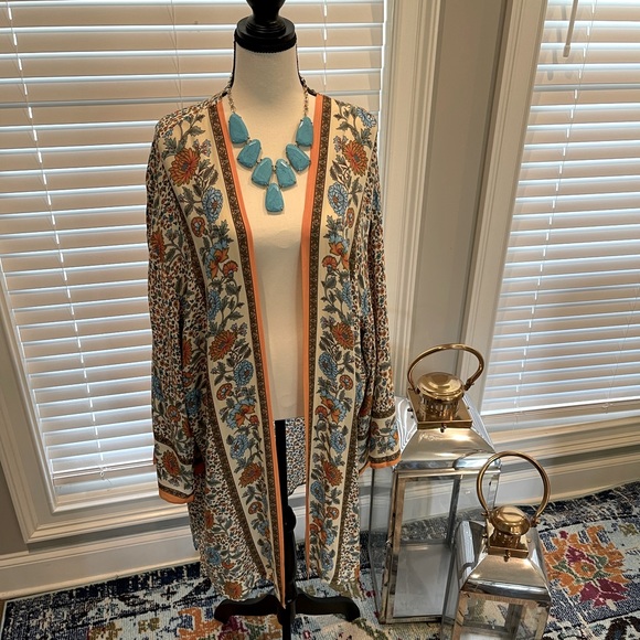 Beige multicolor Bohemian Flowing kimono floral long sleeve - Picture 7 of 16